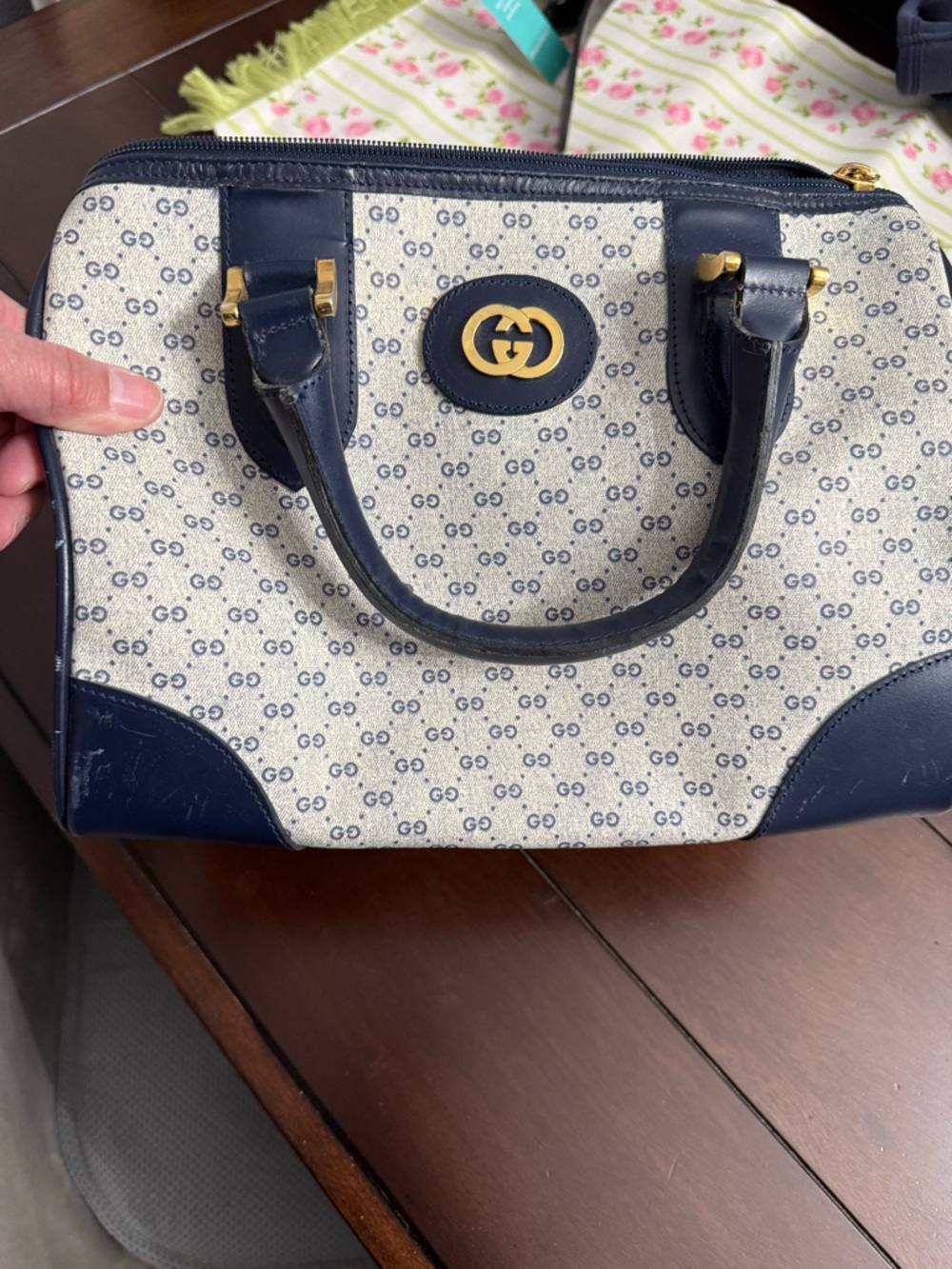 Vintage Gucci Beige GG Canvas Tote with Navy Leather Trim and Gold Hardware